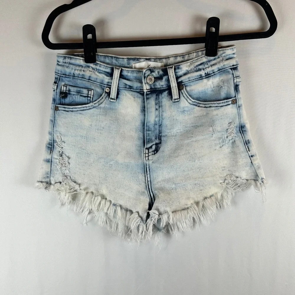 Kancan Womens Denim Shorts‎ Acid Wash Frayed Hem Distressed Blue Size M